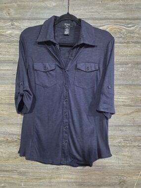Verve Ami Navy Button Front Roll Tab Blouse Women's Size Large